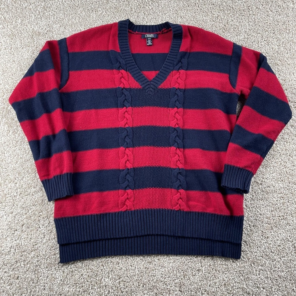 Chaps Sweater Womens Medium Red Navy Striped Cable Knit V Neck Pullover Casual